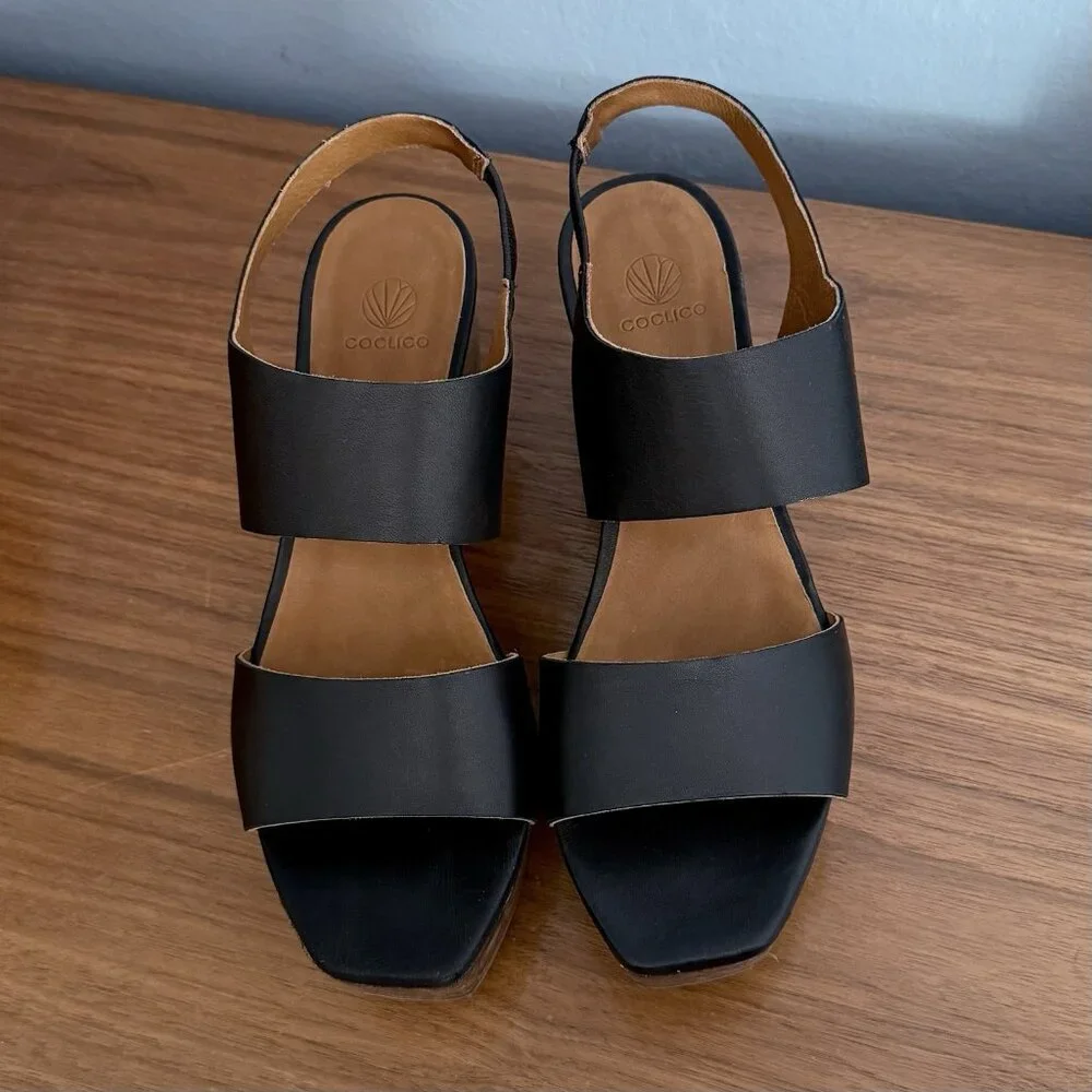 Coclico Massy Black Leather Wedge Sandals Cork Wedge Slingback Size 37.5 - Picture 2 of 10